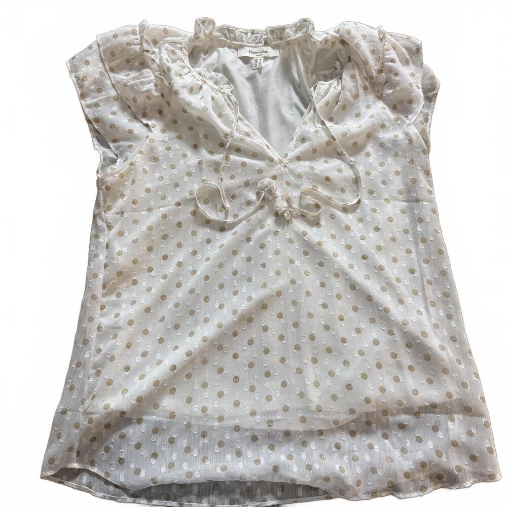 HAVER & BLAIR SZ S‎ Gold/White Polka Dot Cap Sleeve lined Blouse Flower Tassels